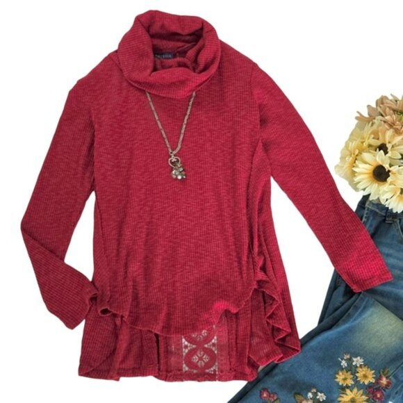 Artesia Women's Lightweight Sweater Size Medium Red Cowl Neck Crochet Holidays - Picture 12 of 13